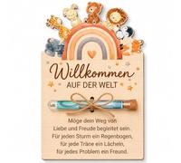 Regalo de dinero para nacimiento, cartel de madera con texto en inglés "Willkommen auf der Welt" con arco iris - Regalo original para nacimiento niña y niño, regalo de nacimiento, regalo de bebé