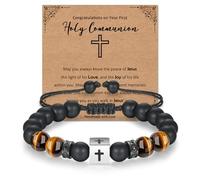 Regalo de primera comunión para niños, pulsera de cruz de cuentas negras, pulsera de comunión para niño, adolescente, joyería cristiana, regalo para hijo, nieto, sobrino, talla única, ónix negro, No