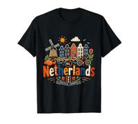 Regalo de Recuerdo de Viaje de Holanda Dibujado a Mano Camiseta gráfica económica, Hombre, Negro, L