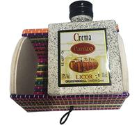 Regalo detalle de baúl multicolor con miniatura de Licor Crema de Orujo