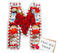 Regalo dia de la Madre Kinder - Letra M Rellena de Chocolates Kinder y Rosas + 100 Chocolates - Regalo Ideal para el Dia de la Madre - 30 cms. Kinder Bueno - Huevos Kinder - Kinder Cards [IAMI]