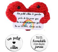 Regalo divertido corazón positivo en francés+ficha de abrazo regalo inspirador para hombre mujer pareja Calin de bolsillo, ganchillo corazón, abrigo de bolsillo reconfortante Muñeca Humor & Motivation