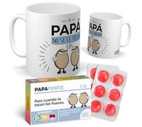 Regalo divertido dia del Padre | Taza personalizada A PAPA NO SE LE TOCAN LOS HUEVOS y caramelos de broma PAPAFORTE en blister | 12 caramelos sin azúcar sabor cereza + taza original 350 ml.