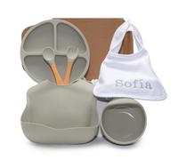 Regalo Ecológico Personalizado para Bebé | Set de Regalos para Niño/Niña | Vajilla de Silicona + Accesorios Personalizados (Gris | Vajilla + Babero) | BebeDeParis