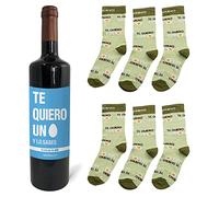 Regalo enamorados. Botella de vino tinto 75cl. + 2 trios de calcetines Te quiero un huevo.