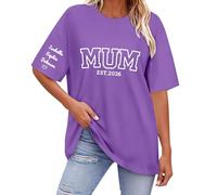 Regalo genérico Fete des Meres Personalizado Premiere Regalos Día de la Madre Mama Mum Grandma Impreso Elegante Redondo Cuello Algodón Camiseta Imprimir a su hijo Nombre en los puños, 1 morado, M
