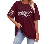 Regalo genérico Fete des Meres Personalizado Premiere Regalos Día de la Madre Mama Mum Grandma Impreso Elegante Redondo Cuello Algodón Camiseta Imprimir a su hijo Nombre en los puños, 1-wine, M