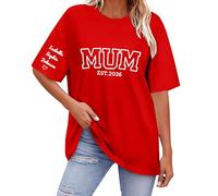 Regalo genérico Fete des Meres Personalizado Premiere Regalos Día de la Madre Mama Mum Grandma Impreso Elegante Redondo Cuello Algodón Camiseta Imprimir a su hijo Nombre en los puños, 1-rojo, M