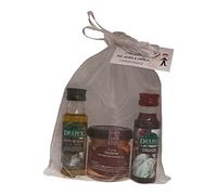 Regalo gourmet en bolsa de organza con miniaturas de Aceite de Oliva, Vinagre y tarrito de paté de salmón (Pack 24 ud). Especial para invitados de bodas, bautizos o demás eventos.