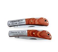 regalo grabado - 1 Navaja Personalizada de Acero Inoxidable y Madera | Grabado Texto Personalizable en Ambas Caras | Regalo de Cumpleaños, Día del Padre, Bodas, Comunión | 1 unidad
