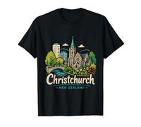 Regalo histórico de Viaje de Christchurch Nueva Zelanda Dibujado a Mano Camiseta gráfica económica, Hombre, Negro, XL