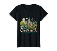 Regalo histórico de Viaje de Christchurch Nueva Zelanda Dibujado a Mano Camiseta gráfica económica, Mujer, Negro, L