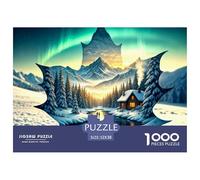 Regalo Hombres Mujeres Puzzle 1000 Piezas País Maravillas Invernal, Auroras Polares Cabaña, Actividad Familiar Decoración Hogar 52x38cm