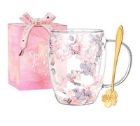Regalo Mujer Tazas de Vidrio de Doble Pared con Flores Tazas de Café o Té con Asa Novedoso Regalo de Cumpleaños o Navidad Para Mujere,Amigas,Mestras Madres