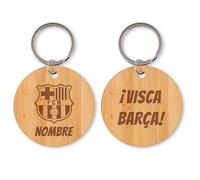 Regalo original futbol | Llavero personalizado de madera | Escudo Barcelona y lema | Personalizado con nombre | llavero de bambú | Grabado por las dos caras | Haz un regalo único | 5,5 cm de diámetro.