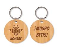 Regalo original futbol | Llavero personalizado de madera | Escudo Betis y lema | Personalizado con nombre | llavero de bambú | Grabado por las dos caras | Haz un regalo único | 5,5 cm de diámetro.