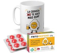 Regalo Pack Original para Amigos, Pareja, Familia, Oficina, cumpleaños. | Taza Divertida “La cerveza te hace mas guay” 350 ml + 12 Caramelos de broma en blister Sin Azúcar con sabor cereza.