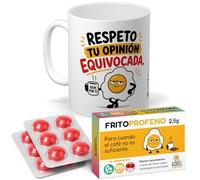 Regalo Pack Original para Amigos, Pareja, Familia, Oficina, cumpleaños. | Taza Divertida “Respeto tu opinión equivocada” 350 ml + 12 Caramelos de broma en blister Sin Azúcar con sabor cereza.