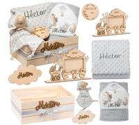 Regalo para Bebé Recién Nacido Niño o Niña | Cesta con Manta, DouDou, Capa de Baño, Nube Decorativa y Marco|Canastilla Embarazo,Bautizo,Hospital y Baby Shower | Nombre en Madera | Olesea (Gris)