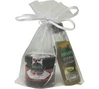 Regalo para eventos compuesto por botella de Aceite de Oliva miniatura Deliex con tarrito de mermelada de cerezas