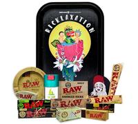 Regalo para fumadores Bandeja para liar oficial Rick y Morty 25 x 19cm + Cenicero RAW + Bote Antiolor THE BOAT + Papel Raw Organic, Black y Clasic King Size + Tips + Cono + Pegatinas