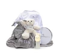 Regalo para Recién Nacido | Color: Multicolor | Doudou Personalizado y Lampara de Luz Nocturna | Hecho a Mano en España | Caja de Regalo de Lujo ( Lamparita + Oso + Pijama + Doudou + Manta)