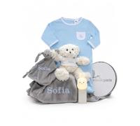 Regalo para Recién Nacido | Doudou Personalizado y Lampara de Luz Nocturna | Hecho a Mano en España | Caja de Regalo de Lujo (Azul) | BebeDeParis