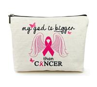 Regalo para sobrevivientes de cáncer de mama para mujeres, lavado de doble cara impreso, impermeable, bolsa de cosméticos de lino, Beige, My God is Bigger Than Cancer