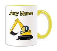 Regalo personalizado - miniexcavadora taza (diseño de transporte tema, colores) - cualquier nombre/mensaje en su único - conductor de Excavadora pesado vehículo automóvil camión de construcción Road Worker JCB pala mecánica gato HGV, cerámica, Amarillo