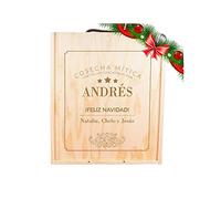 Regalo personalizado para Navidad: Kit personalizado ¡Feliz Navidad! con botella de vino + 2 copas + caja de madera, todo personalizado