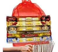 Regalo Romántico Parejas - Set 100 Varillas de Incienso Amor Naturales + Porta Incienso Madera Artesanal + Bolsa Organza Roja | 5 Fragancias: Rosa Blanca, Rosa Roja, Romance, Afrodesia, Chocolate