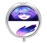 Regalo Único Chica De Pelo Corto Morado Pastillero 3 Rejillas Con Espejo Caja De Almacenamiento Distribuidora De Metal Redonda Portátil A De Humedad
