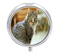 Regalo Único Gato Mirando Hacia Atrás Pastillero 3 Rejillas Con Espejo Caja De Almacenamiento Distribuidora De Metal Redonda Portátil A De Humedad