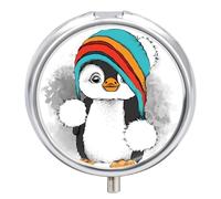 Regalo Único Lindo Pingüino Con Gorro De Lana Pastillero 3 Rejillas Con Espejo Caja De Almacenamiento Distribuidora De Metal Redonda Portátil A De Humedad