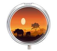Regalo Único Puesta De Sol Con Rinoceronte Pastillero 3 Rejillas Con Espejo Caja De Almacenamiento Distribuidora De Metal Redonda Portátil A De Humedad