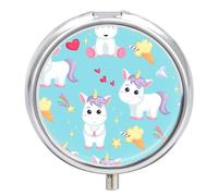 Regalo Único Unicornio Azul Lindo Pastillero 3 Rejillas Con Espejo Caja De Almacenamiento Distribuidora De Metal Redonda Portátil A De Humedad