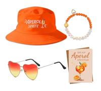 Regalos Aperol para mujer, Set de 4 accesorios para disfraz Aperol Spritz, Sombreros de pescador Aperol bordados, Pulsera Aperol, Gafas de sol con corazón naranja, Tarjeta de cumpleaños Aperol