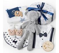 Regalos Bebes Recien Nacidos Niños, Cesta Bebé Recién Nacid con Body Bebe Juguetes de Peluche Calcetines Baberos Sonajero Manta Tarjetas Hitos Baby Shower Regalo Bebe Cesta Recien Nacido Niño Niña