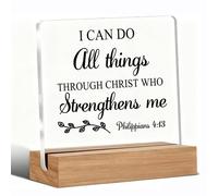 Regalos cristianos para mujeres I Can Do All Things Through Christ Who Strengthens Me - Letrero acrílico con soporte de madera para escritorio de oficina, estante de mesa, escritura bíblica