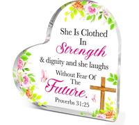 Regalos cristianos para mujeres y niñas, regalos religiosos espirituales para compañeras de trabajo, cita con versículo bíblico "She is Clothed in Strength", proverbios 31:25, placa acrílica de