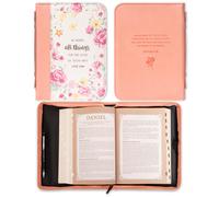 Regalos de arte cristiano Funda b blica de moda para mujer l obra todas las cosas para bien Romanos 8:28 Melocot n Floral Cuero sint tico XL