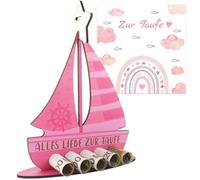 Regalos de Bautizo para Niñas, Tarjeta de Bautizo, Feliz Bautizo, Decoración de Bautizo, Recuerdos Bautizo, Regalo de Bautizo en Forma de Barquito de Madera con Estrellas (Rosa)