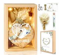 Regalos de boda para novios, regalo de dinero para boda, señor y señora. Caja de regalo de madera con flores secas, caja de madera, cadena de luces, tarjeta de felicitación, regalo de boda
