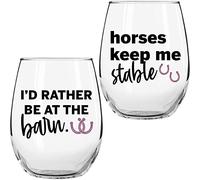 Regalos de caballos para los amantes de los caballos - "Horses Keep Me Stable" "I'd Rather Be At The Barn" Juego de 2 copas de vino sin tallo de 17 onzas, colorido, divertidos regalos de caballos para