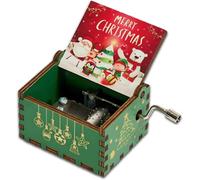 Regalos de caja de música navideña,estilo retro a mano de madera,grabados con patrones temáticos navideños, acompañados de elementos de decoración navideña alegre,que tocan la melodía de "jingle bells