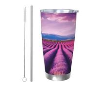 Regalos de coche para hombres y mujeres, vaso con tapa y popote, taza de café aislada al vacío de doble pared de 20 onzas, se adapta al portavasos del coche, taza térmica de viaje de campos de lavanda