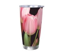 Regalos de coche para hombres y mujeres, vaso con tapa y popote, taza de café aislada al vacío de doble pared de 20 onzas, se adapta al portavasos del coche, taza de viaje de tulipanes rosados, taza