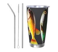 Regalos de coche para hombres y mujeres, vaso con tapa y popote, taza de café aislada al vacío de doble pared de 20 onzas, compatible con portavasos de coche, varios tipos de cebos de pesca, taza