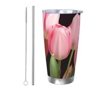 Regalos de coche para hombres y mujeres, vaso con tapa y popote, taza de café aislada al vacío de doble pared de 20 onzas, se adapta al portavasos del coche, taza de viaje de tulipanes rosados, taza