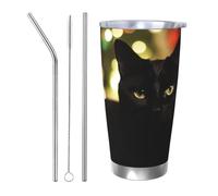 Regalos de coche para hombres y mujeres, vaso con tapa y popote, taza de café aislada al vacío de doble pared de 20 onzas, se adapta al portavasos del coche, taza térmica de viaje de gato negro de